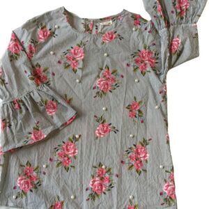 JENNIFER & GRACE Black & White Pinstripe Pink Floral Bell Sleeves Blouse M